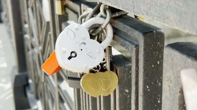 Heart-shaped love padlocks are locked tightly onto a metal bridge railing. They represent eternal love, romantic devotion, and joyful commitment.