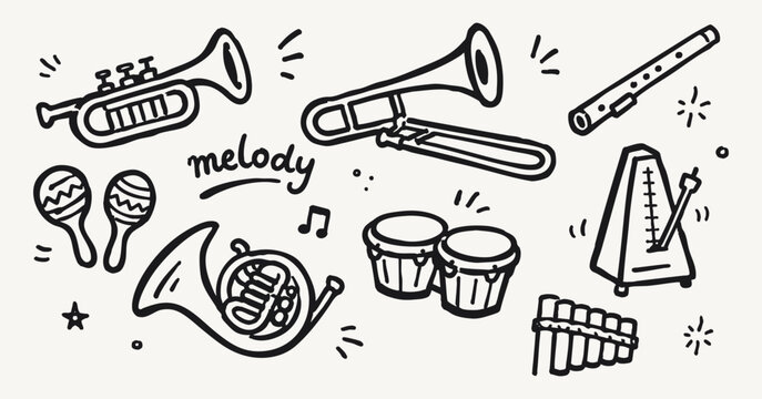 Musical instruments doodle vector illustration with trumpet trombone and xylophone