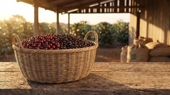 Harvest of Raw Coffee Cherries and Roasted Beans in Woven Basket on Rustic Wood