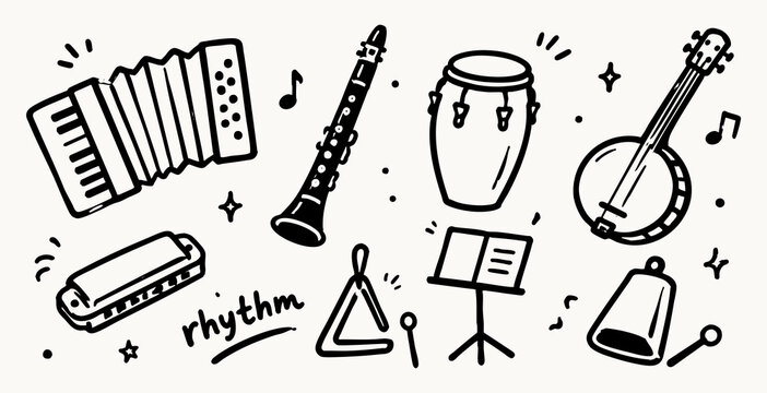 Musical instruments collection doodle vector illustration with accordion banjo and drum