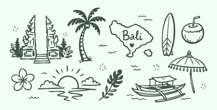 Bali island travel doodle vector illustration with temple gate map and surfboard