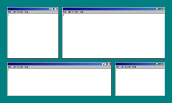 Retro window system layout for computer interface design. Multiple vintage operating system frames on a classic desktop screen background. Digital ui concept for graphic software development.