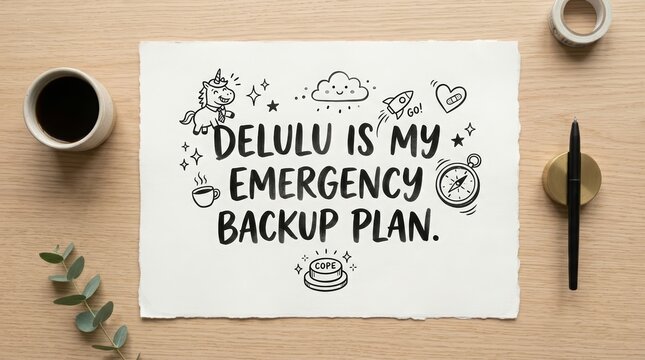 Playful absurdist desktop wallpaper inspired by modern internet slang and optimistic delusion.
