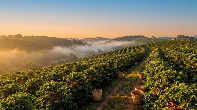 Sunrise Over Misty Coffee Plantation Hills with Fresh Green Crops at Dawn