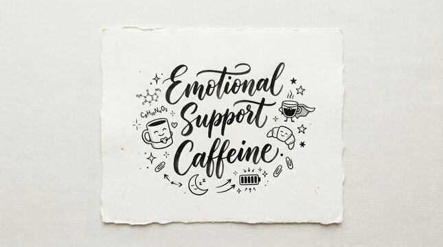 Minimalist desktop wallpaper celebrating coffee as a humorous survival tool, enhanced with charming hand-drawn doodles