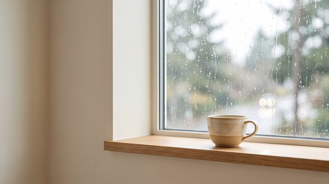Cozy Ceramic Mug on Wooden Windowsill, Enjoying a Calm and Rainy Day Indoors
