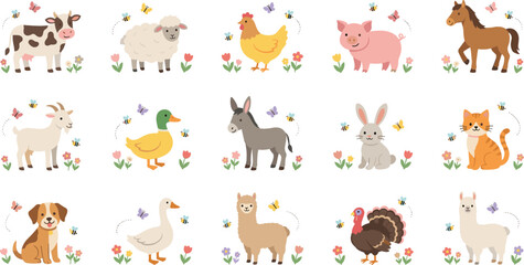 Fototapeta premium Cute Farm Animal Set with Cow, Sheep, Chicken, Pig, Horse, Rabbit, and Duck Flat Illustrations for Kids and Nursery Designs