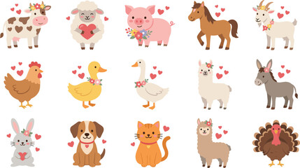Obraz premium Cute Farm Animal Set with Cow, Sheep, Pig, Horse, Goat, and Hearts and Flowers Illustrations for Valentines Day Designs