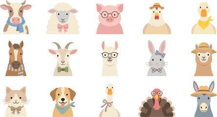 Obraz premium Farm Animal Portrait Set with Cow, Sheep, Pig, Goat, and Llama Faces Wearing Glasses, Hats, and Bowties Illustrations
