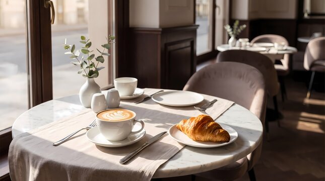 Cozy cafe table with fresh croissant and hot cappuccino in warm morning sunlight