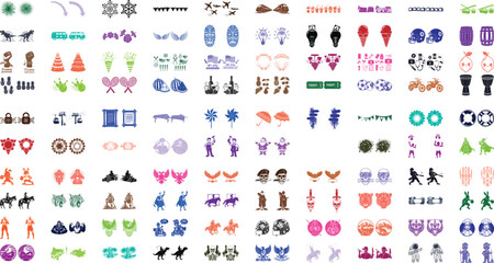 Obraz premium Set of diverse vector flat icons featuring animals and sports characters in bold solid shapes