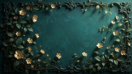 Fototapeta premium Ornate dark teal frame surrounds golden flowers and green leaves. Botanical vines spread across textured backdrop. Elegant vintage background offers copy space.
