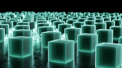 Fototapeta premium Floating glowing cubes hovering over a dark reflective plane