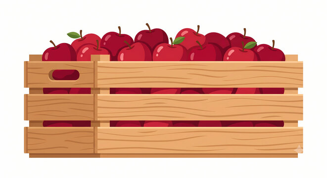 Wooden crate full of fresh red apples with harvest tag vector illustration