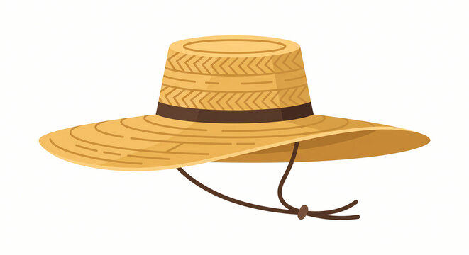 Traditional farmer wide brim straw hat with chin strap agricultural accessory flat vector illustration