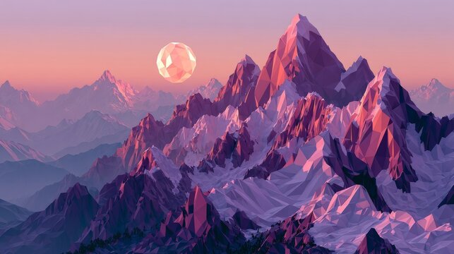 Low-poly mountains at dusk under a glowing polygonal sun