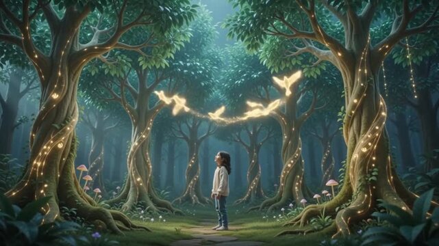 A girl sitting in front of a modern laptop watches in wonder as glowing trees, magical animals, and tiny holographic elves emerge from the screen and transform the room into an enchanted forest.