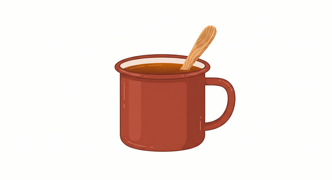 Red enamel camp mug with hot beverage and wooden spoon autumn lifestyle flat vector illustration