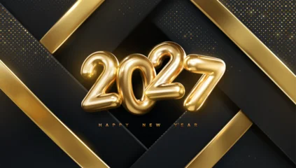 Happy New 2027 Year. Vector holiday illustration of golden numbers 2027 on black geometric background textured with gold ribbons and glitters © maximmmmum