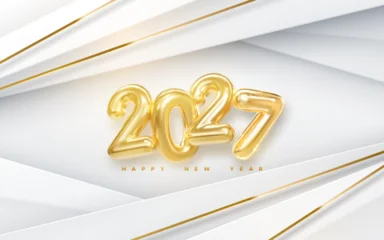 Happy New 2027 Year. Vector holiday illustration of golden numbers 2027. White and gold slanted shapes background. 3d new year sign. Festive poster or banner design. Party invitation © maximmmmum