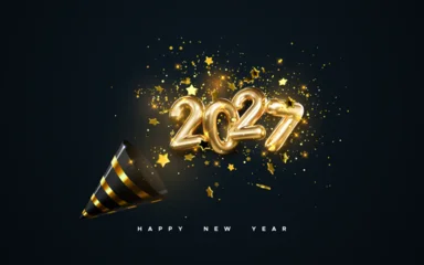 Golden 2027 numbers, party popper cone and glittering confetti isolated on black background. Vector festive illustration. Holiday decoration of sparkling tinsel particles. Happy New Year party banner © maximmmmum
