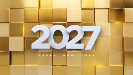 Happy New 2027 Year. Holiday vector illustration of white paper numbers 2027 on geometric golden background. Realistic 3d sign. Festive poster or banner design © maximmmmum