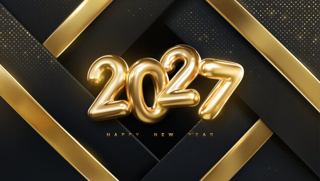 Happy New 2027 Year. Vector holiday illustration of golden numbers 2027 on black geometric background textured with gold ribbons and glitters