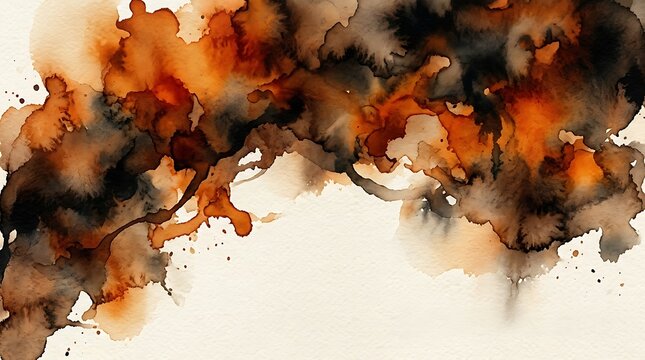 Abstract Watercolor Splash Texture With Orange and Black Hues on Beige Paper