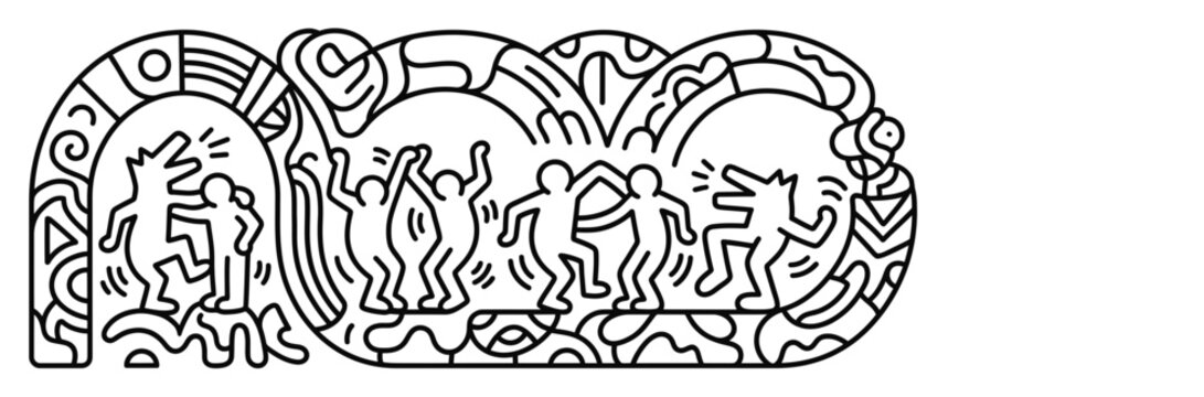Abstract Pop Art Doodle with Dancing People and Barking Dogs in Organic Black and White Line Style