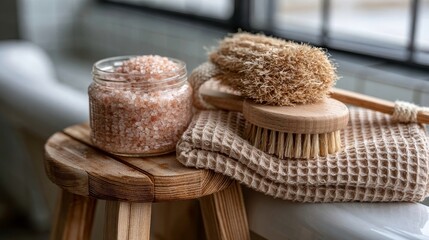 Obraz premium Unhurried home spa still life with a soft folded waffle towel