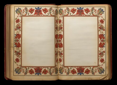 Vintage open book mockup with illuminated manuscript floral borders and blank center pages