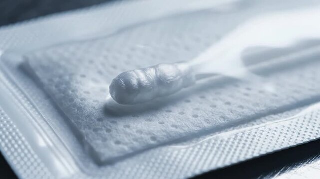 Close-Up Of Cosmetic Cotton Swab On Textured Sterile Pad For Health And Beauty Applications