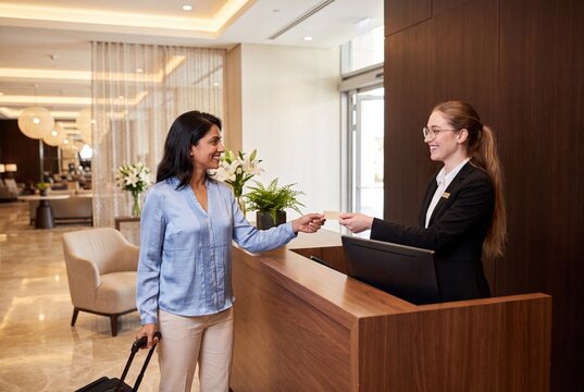 Woman receives hotel key card at reception desk with a smile during check-in process