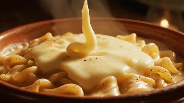 Creamy Pasta Dish with Gooey Melted Cheese in Rustic Bowl Perfect for Food Lovers and Culinary Content