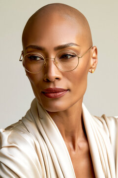 Elegant portrait of a confident bald woman wearing round golden glasses and silk blouse, beautiful mature female model with clean skin and natural makeup concept