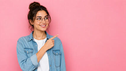 Fototapeta premium Young woman pointing at copy space. Smiling girl showing direction on pink background.