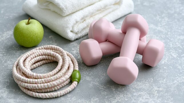 Neatly arranged workout gear on a soft gray studio surface