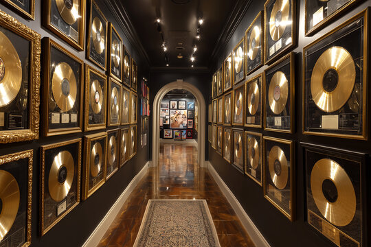 A long dark hallway lined with numerous framed gold vinyl records on black walls, leading through an archway to another gallery room with memorabilia and artwork
