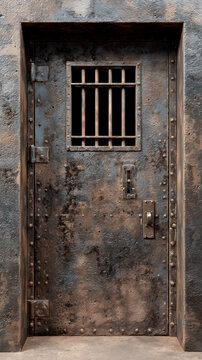 An old rusty iron prison door with a small barred window set into a thick stone wall texture symbolizing captivity punishment confinement historical dungeon or dark cell