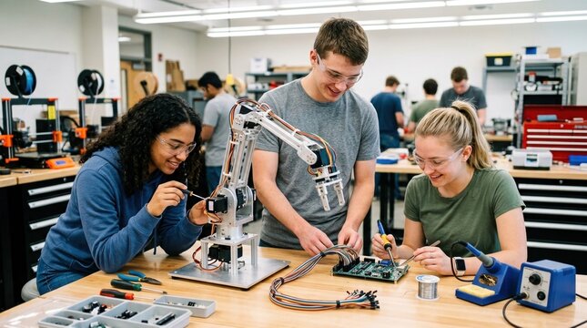 College students in safety glasses assemble a robot arm beside a soldering station, microcontroller board, and cable harness in a mechatronics lab.