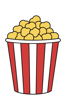Classic striped popcorn tub with fluffy kernels in a minimalist flat design style isolated on a white background. Cinema and movie entertainment concept