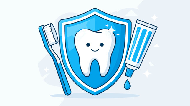 Vector illustration of a tooth toothbrush and toothpaste in a shield design