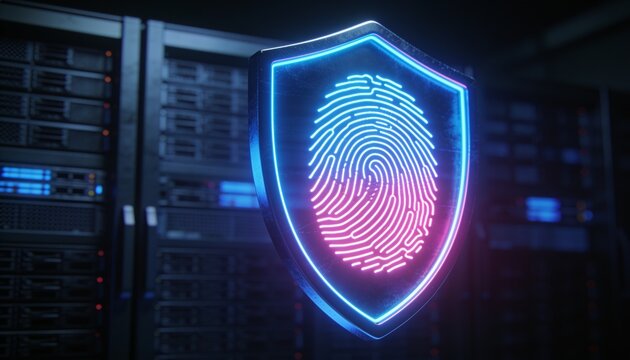 Futuristic Shield with Glowing Biometric Fingerprint Pattern on Dark Blurred Background, Premium Cyber Security Illustration with Server Racks, Digital Identity Authentication and Data Protection