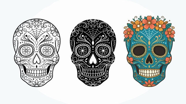 A set of three traditional mexican sugar skulls in distinct styles with dia de los muertos