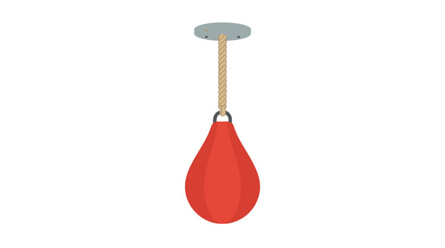 Minimalist red punching bag hanging from ceiling in flat design style with bag suspended