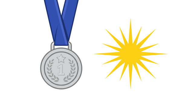 Flat illustration of a silver medal with blue ribbon with ribbon alongside bright