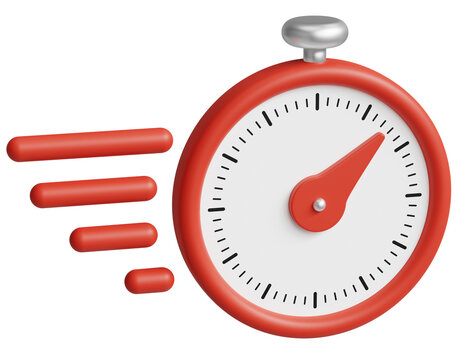 3D illustration of a red stopwatch with a dynamic motion trail representing speed, fast performance, urgency, quick delivery, time management and efficiency, time for action isolated on transparent