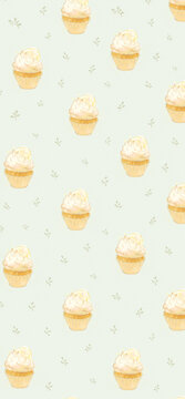 Seamless pattern with cute cupcakes on light green background, sweet bakery and dessert design