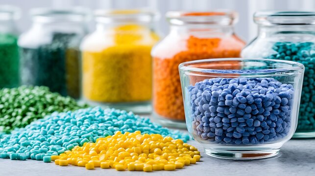 Colorful plastic polymer pellets in glass jars. Industrial manufacturing materials for chemical production concepts.