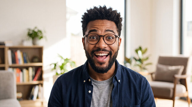 Portrait of a happy young African American man with glasses and a beard smiling excitedly in a bright modern living room with plants and bookshelves